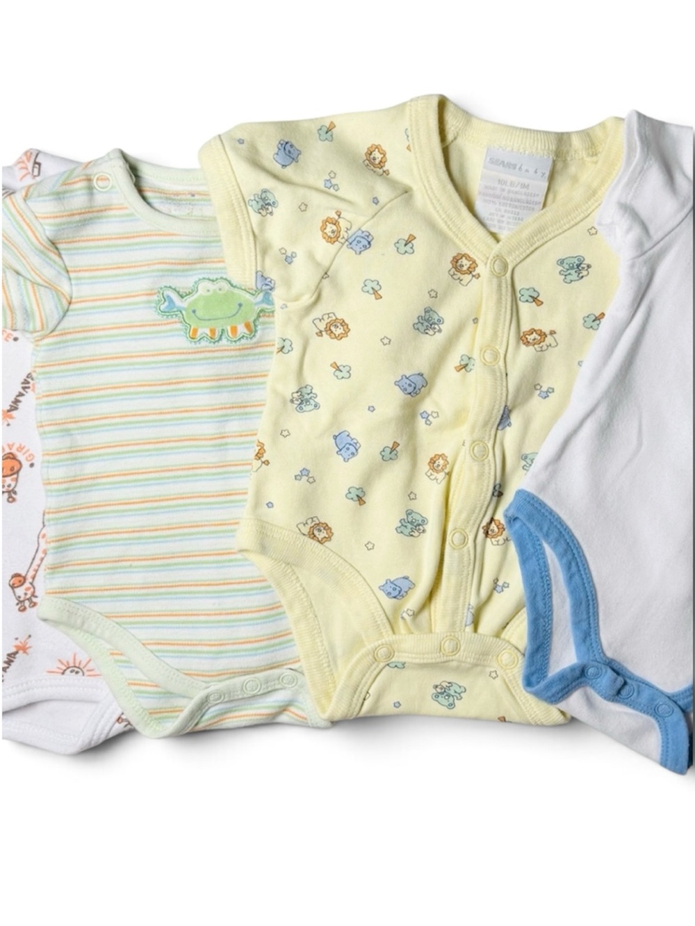 Vintage Sears Whimsical Safari Animal Bodysuit Bundle 4pcs Pastel Yellow 0-3m